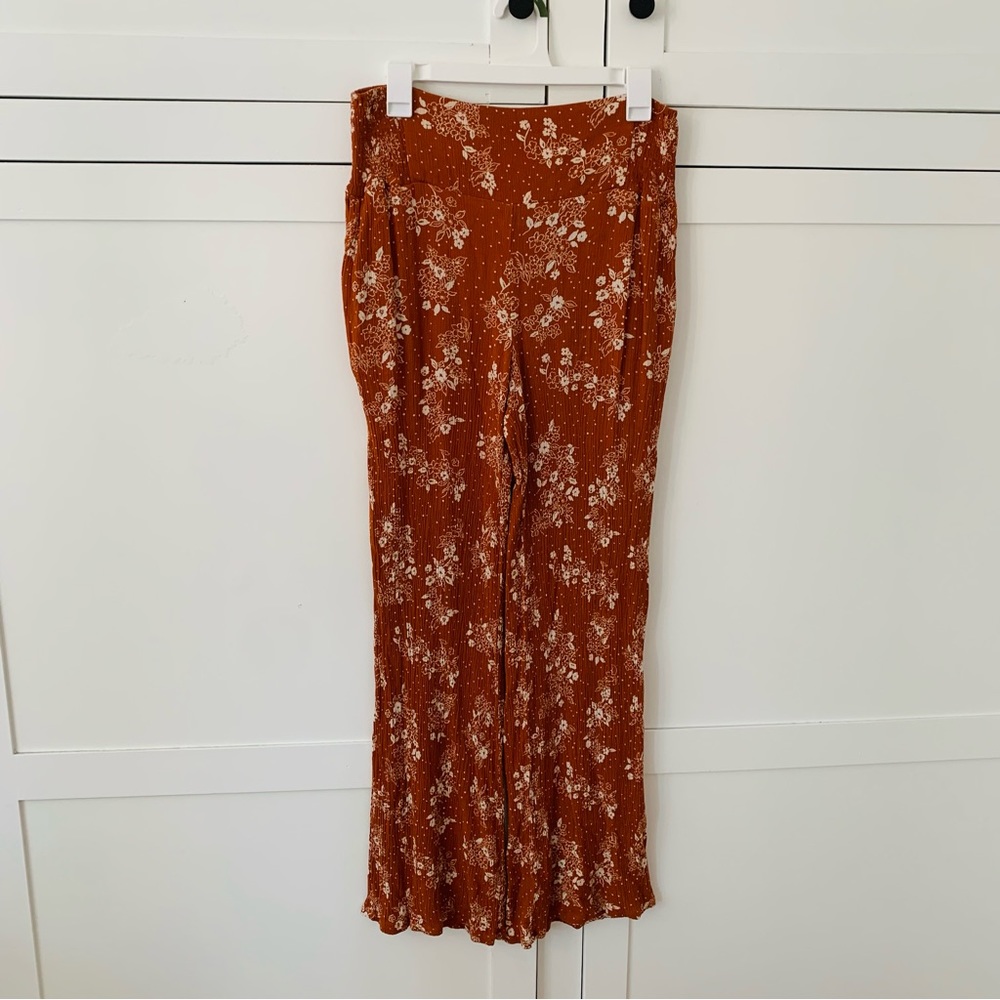 Three Dots Burnt Orange Floral Boho Rayon Pull On Straight Pants Size Medium